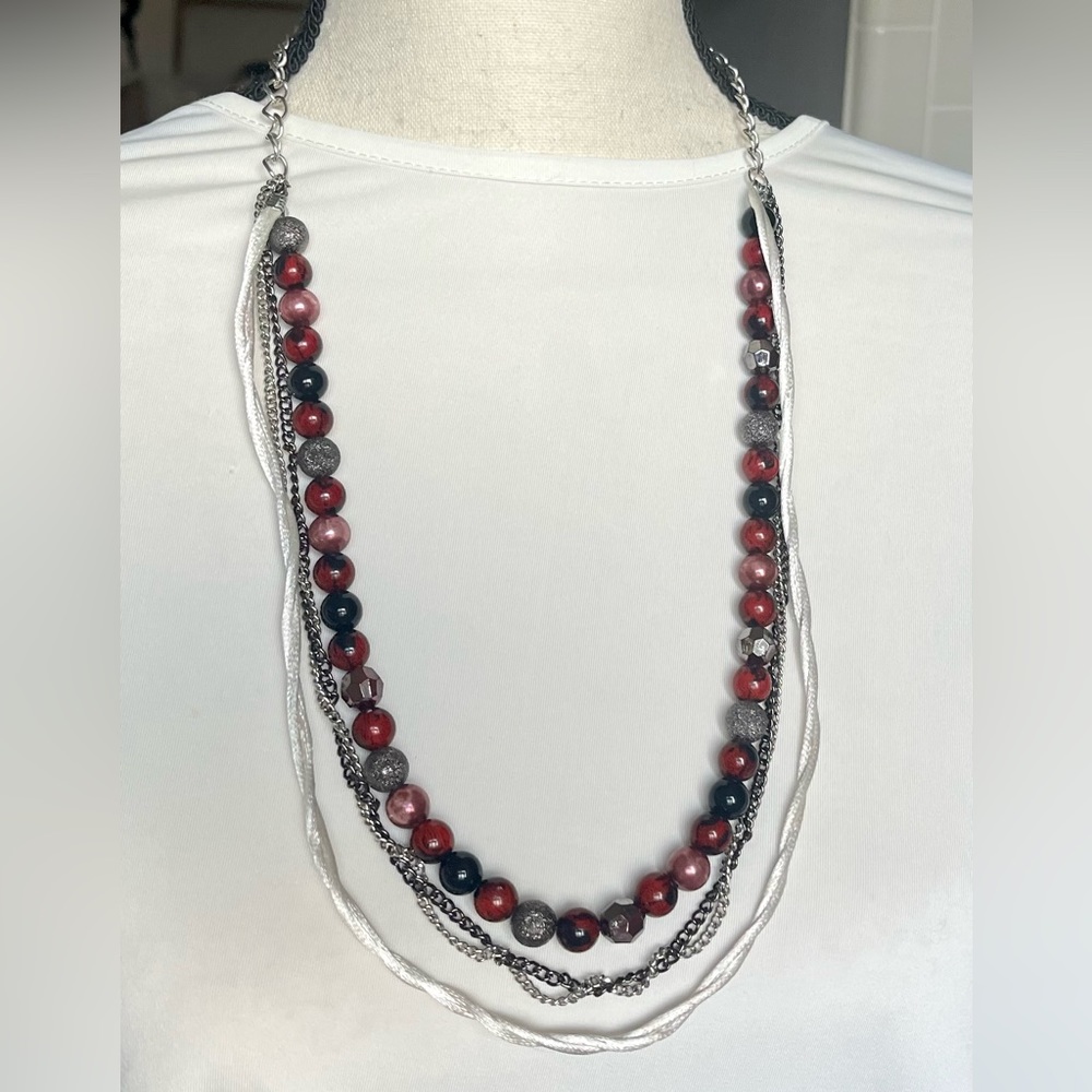 Necklace, 4 strand red/black/gray/white silver tone jewelry